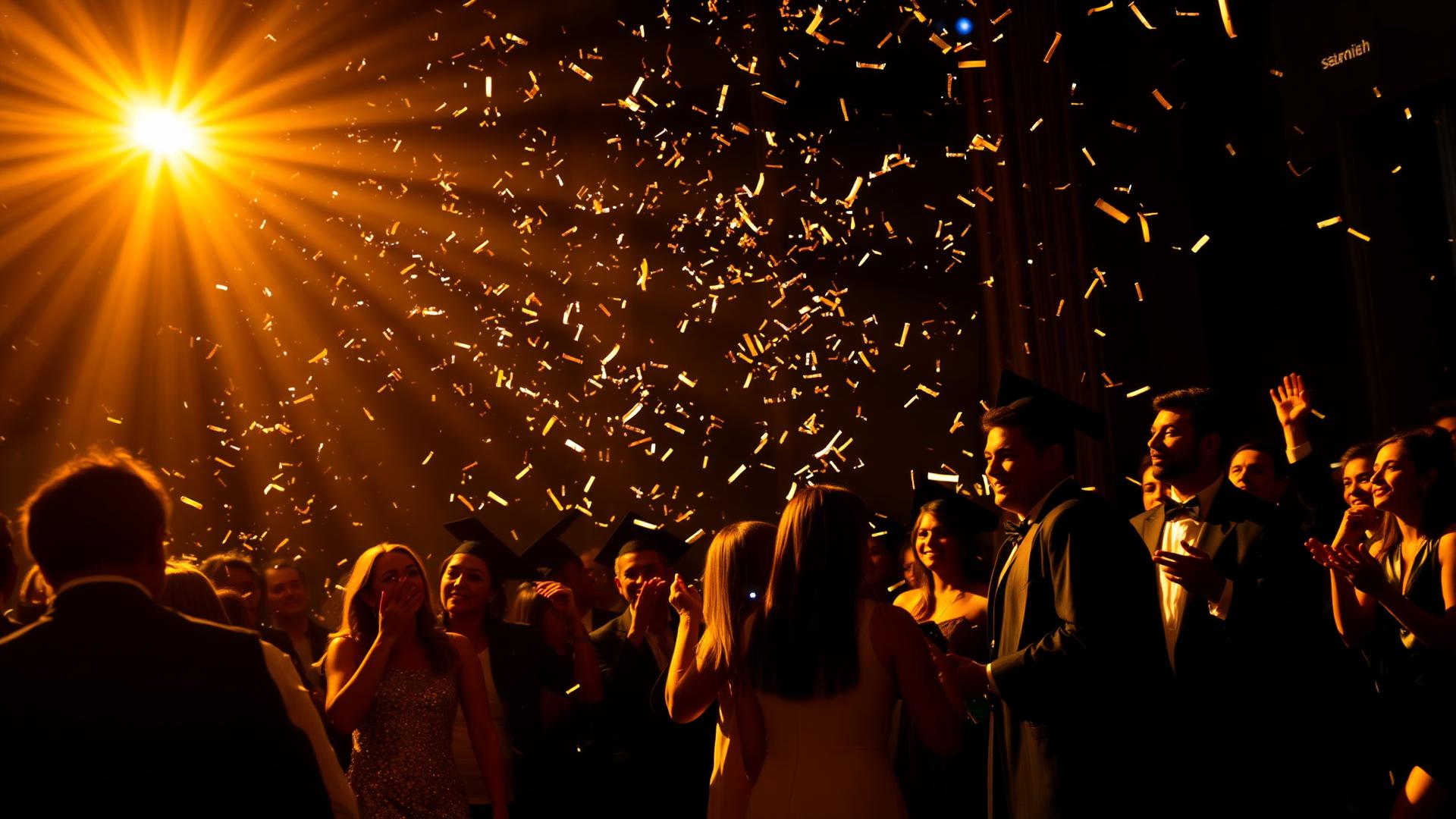 Baile de formatura com luzes douradas